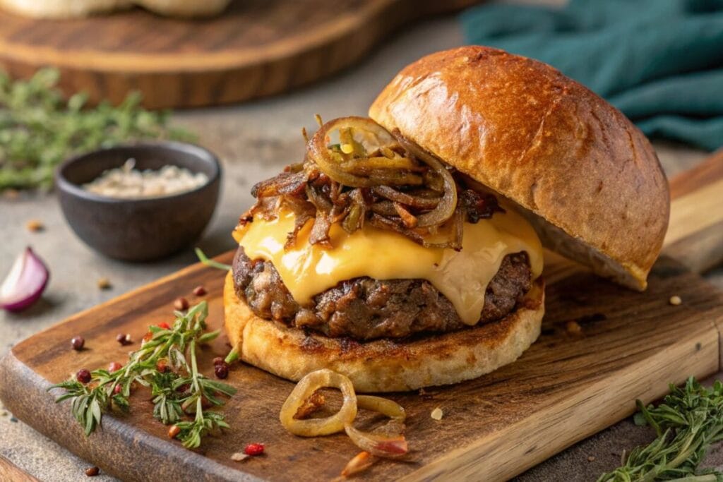 Sizzling Wagyu beef burger with melted cheese and caramelized onions