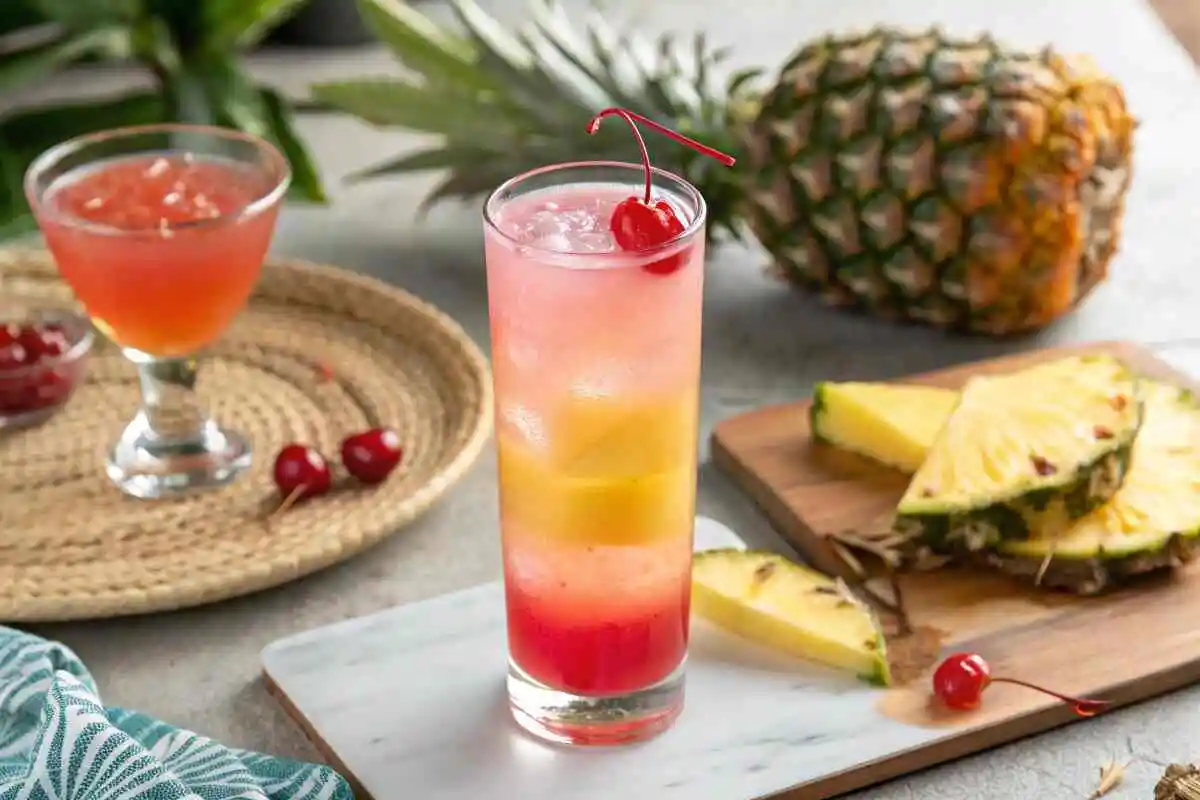 A layered pink panties drink with fresh garnishes.