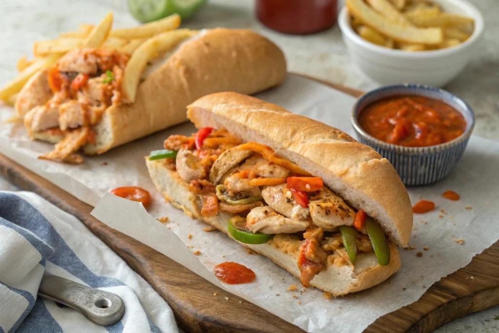 Homemade Buffalo Chicken Cheesesteak sandwich stacked with cheese, peppers, and buffalo sauce on a toasted hoagie roll, served with fries.