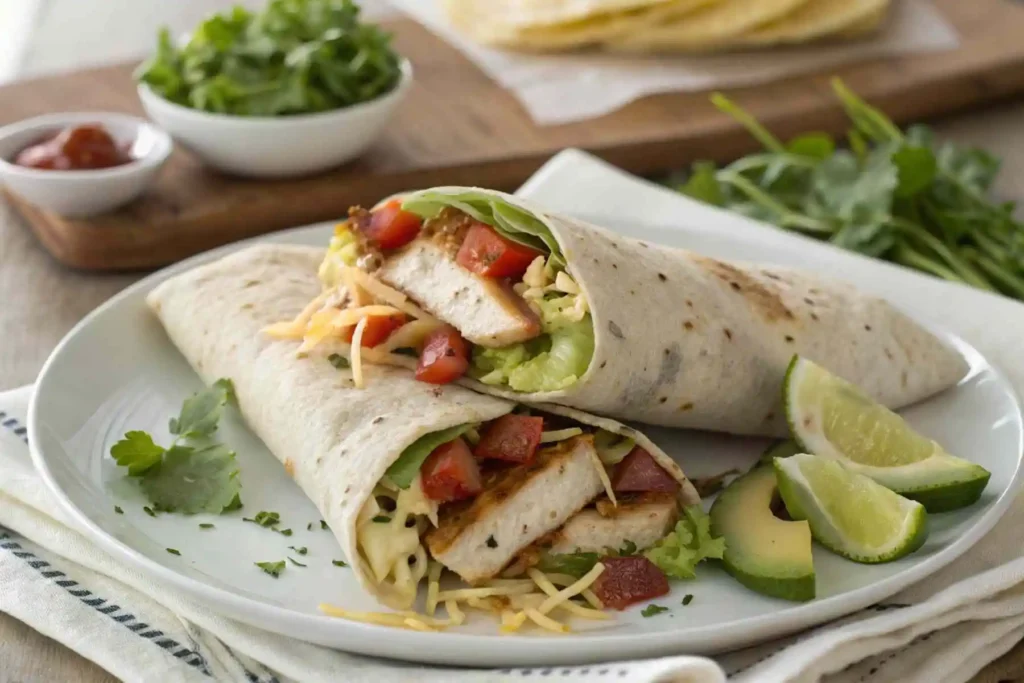 Chicken bacon avocado wrap sliced open on a white plate, showing chicken, bacon, avocado, lettuce, tomato, and cheese for a fresh, homemade meal.