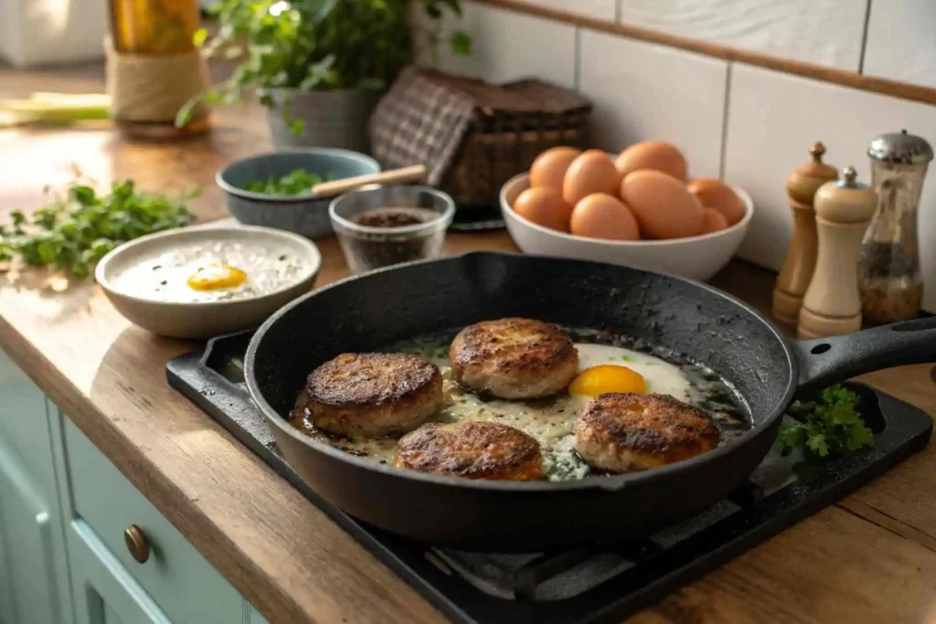 Dunkin Sausage Egg and Cheese: Quick & Tasty Delight 3 Cooking sausage patties and eggs in a skillet