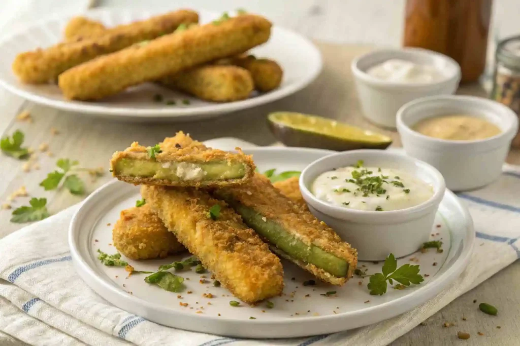 Fried pickle spears with crispy coating served on a white plate, paired with dipping sauce, focus keyword fried pickle spears.