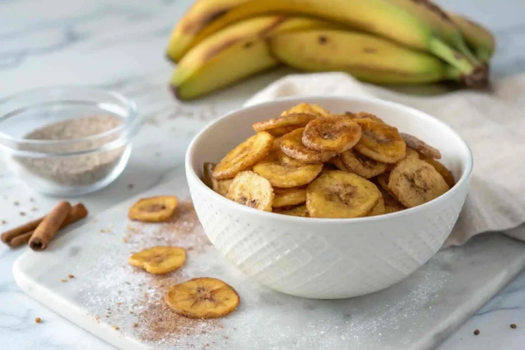 Homemade air fryer banana chips piled in a white bowl, perfectly crisp with a golden color, next to ripe bananas, on a marble surface.