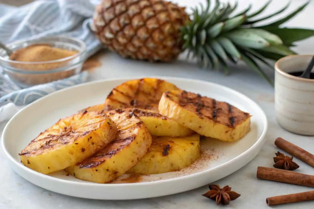 Grilled cinnamon pineapple slices served on a white plate, showing caramelized edges and a cinnamon glaze, homemade and delicious.