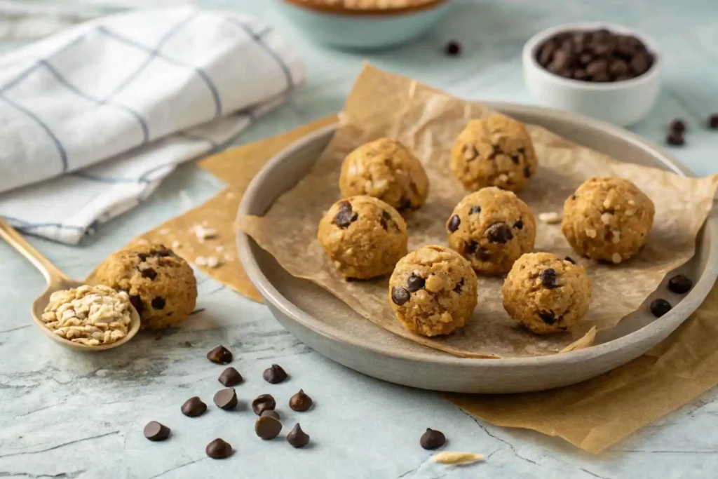 Close-up of homemade oatmeal peanut butter balls on parchment, showing their round shape and mix of oats and chocolate chips.