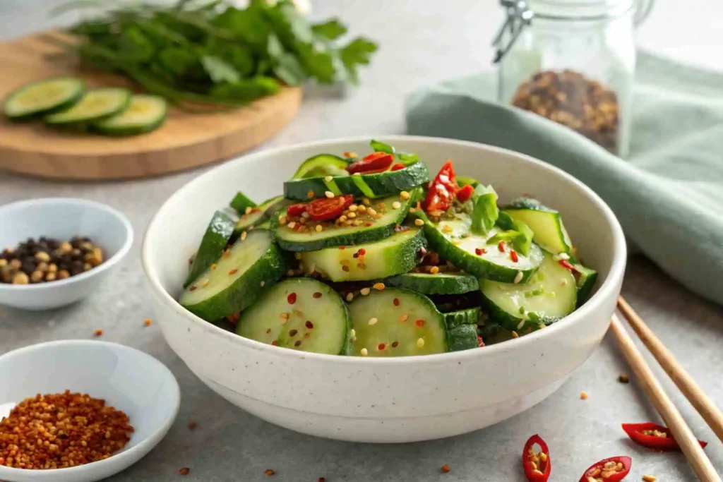 A bowl of spicy cucumber salad with chili flakes, sesame seeds, and herbs, featuring crisp cucumber slices in fresh dressing.