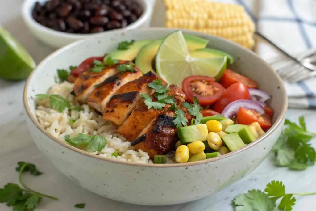 A homemade honey chipotle chicken bowl with grilled chicken, cilantro-lime rice, avocado, black beans, corn, and fresh toppings.