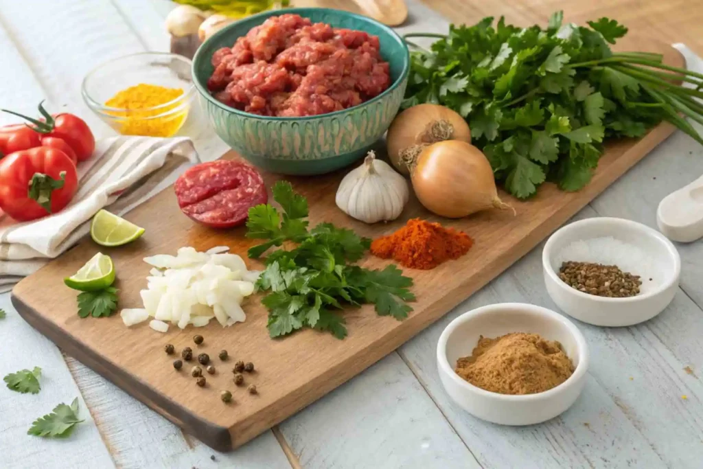 Kefta Tagine: Delicious, Easy 6-Ingredient Recipe 2 Fresh ingredients for kefta tagine include ground meat, onions, and spices.