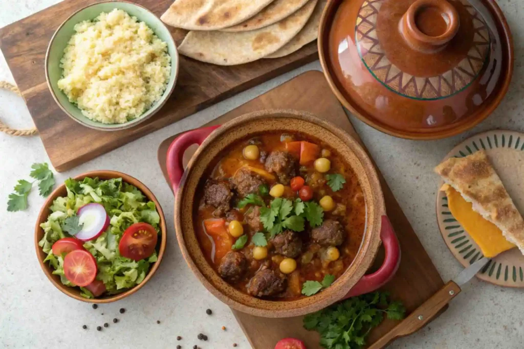 Kefta Tagine: Delicious, Easy 6-Ingredient Recipe 4 Moroccan kefta tagine served with couscous, salad, and flatbread.
