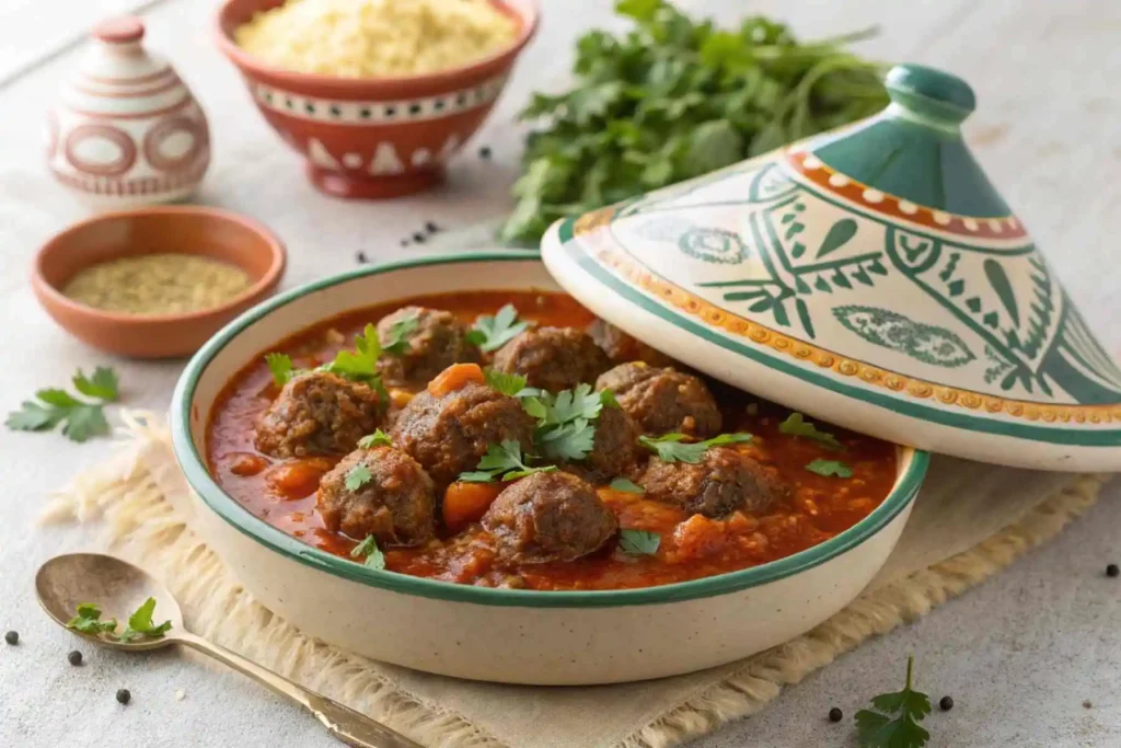Moroccan Kefta Tagine with meatballs in spiced tomato sauce, garnished with cilantro.