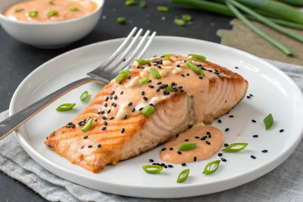 Delicious homemade sriracha mayo salmon fillet, generously topped with creamy sauce, green onions, and sesame seeds, ready to eat.