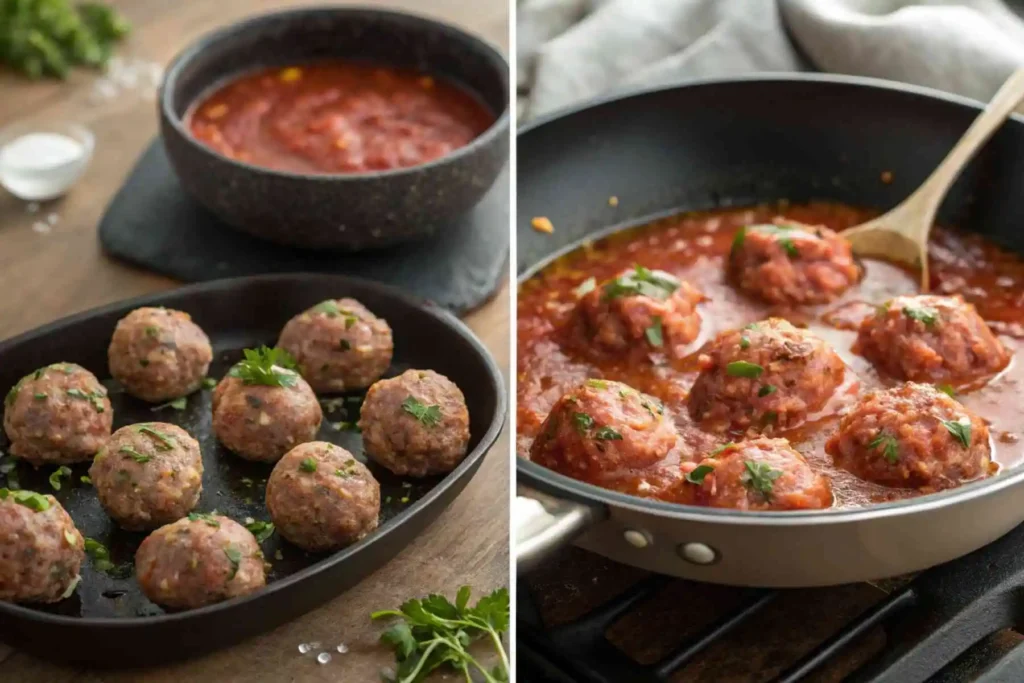 Kefta Tagine: Delicious, Easy 6-Ingredient Recipe 3 Step-by-step cooking of kefta tagine including frying and simmering.